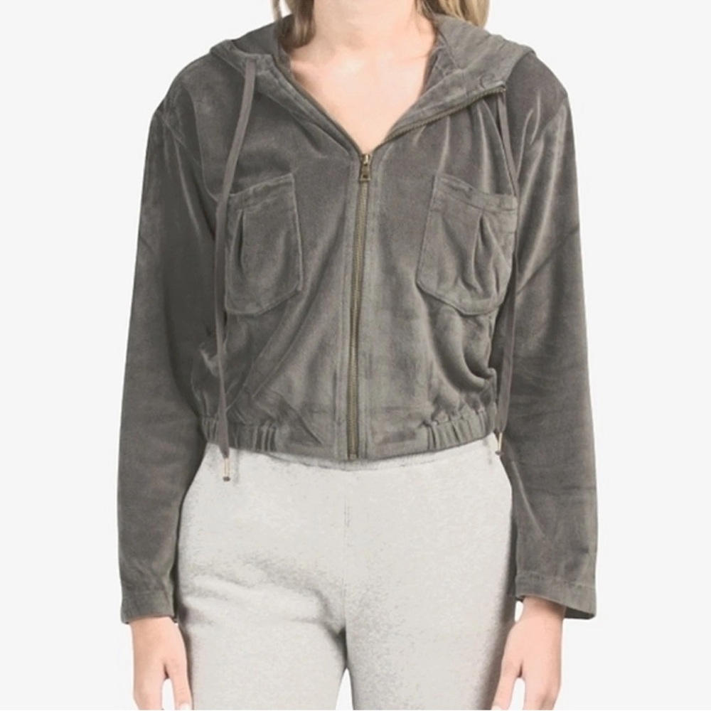 Young Fabulous &‎ Broke Medium Gray Full Zipped Cropped Hoodie Velour Jacket